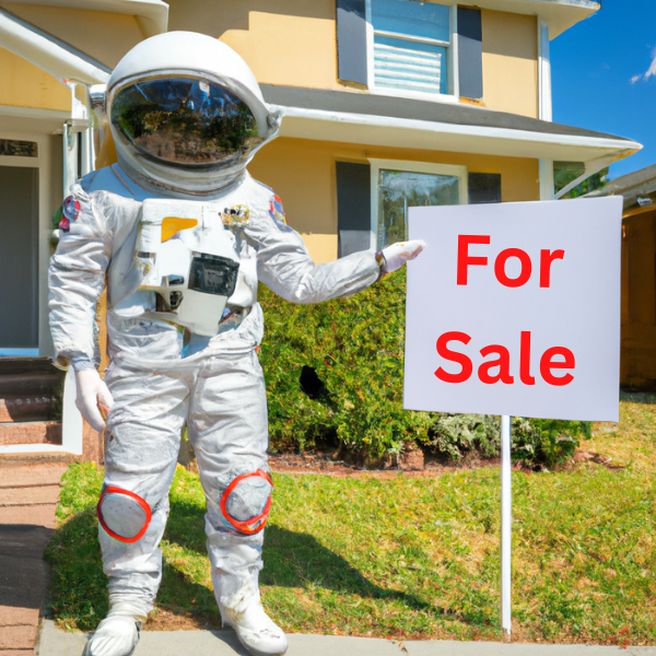 real estate agent in astronaut costume in front of a home. Your listing description should be just as unique
